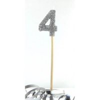 Silver Glitter Party Supplies - Number 4 Silver Glitter Candle 4cm on stick 