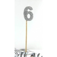 Silver Glitter Party Supplies - Number 6 Silver Glitter Candle 4cm on stick 