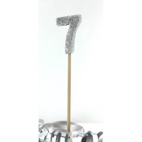 Silver Glitter Party Supplies - Number 7 Silver Glitter Candle 4cm on stick 