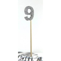 Silver Glitter Party Supplies - Number 9 Silver Glitter Candle 4cm on stick 