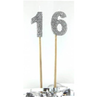 Silver Glitter Party Supplies - Number 16 Silver Glitter Candles 4cm on stick