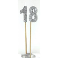 Silver Glitter Party Supplies - Number 18 Silver Glitter Candles 4cm on sticks