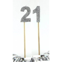 Silver Glitter Party Supplies - Number 21 Silver Glitter Candles 4cm on sticks