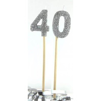 Silver Glitter Party Supplies - Number 40 Silver Glitter Candles 4cm on sticks