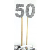 Silver Glitter Party Supplies - Number 50 Silver Glitter Candles 4cm on sticks