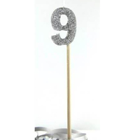 Number 9 Silver Glitter Candle 4cm on stick 