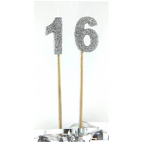 Number 16 Silver Glitter Candle 4cm on stick 