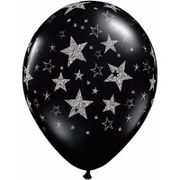Balloon Party Supplies - Black Latex Balloon with Silver Glitter Stars 28cm