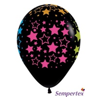 Disco Party Supplies Black Balloons with Bold Neon Stars 12 pack