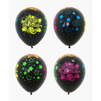 Disco Party Supplies Happy Birthday Black and Neon Balloons 12 pack