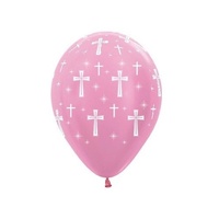Baptism Christening Party Supplies - Holy Cross Pearl Pink Balloons - Latex