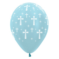 Baptism Christening Party Supplies - Holy Cross Pearl Blue Balloons - Latex