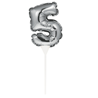 Silver Self-Inflating Number 5 Balloon Cake Topper