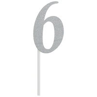 Silver Glitter “6” Cake Topper, 6" x 1.9" (15.2cm x 4.82cm)