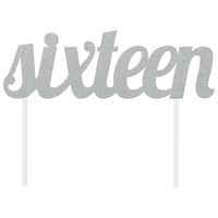 Silver Glitter “Sixteen” Cake Topper, 5.275" x 7" (13.3cm x 17.7cm)