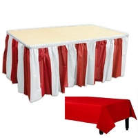 Circus Party Striped Red & White Table Skirt with Red Apple Plastic Tablecover