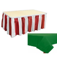 Circus Party Striped Red & White Table Skirt with Festive Green Tablecover Plastic]