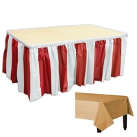 Circus Party Striped Red & White Table Skirt with Glittering Gold Tablecover
