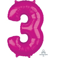 3rd Birthday Number 3 Magenta Pink Foil 66cm Balloon