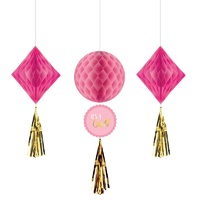 Baby Shower Girl Honeycomb Hanging Decorations 3 Pack