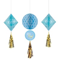 Baby Shower Boy Honeycomb Hanging Decorations 3 Pack
