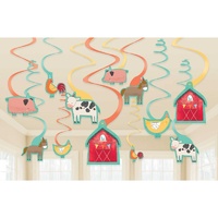 Farm Barnyard Birthday Hanging Swirl Decorations Value Pack x 12