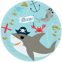 Pirate Shark Ahoy Birthday Round Lunch Cake Dessert Paper Plates 18 Pack