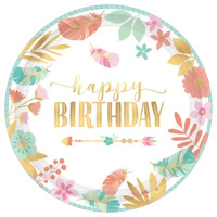 Boho Birthday Girl Round Metallic Dinner Plates 8 Pack