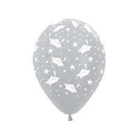 Graduation Hats & Stars Satin Pearl Silver Latex Balloons 12 Pack