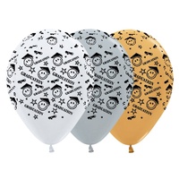 Graduation Smiley Faces Satin White, Silver & Metallic Gold Latex Balloons 25 Pack