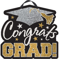 Congrats Grad Graduation Glittered MDF Sign Black, Silver & Gold