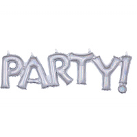 Script Phrase PARTY! Silver Holographic Foil Balloon