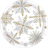 Christmas Shining Snowflakes Round Lunch Cake Dessert Plates Metallic 8 Pack