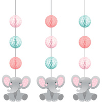 Enchanting Elephant Pink Hanging Honeycomb & Cutouts Decorations 3 Pack