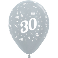 30th Birthday Pear Silver/6 Pack Latex Balloons 