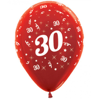 30th Birthday Metallic Red/6 Pack Latex Balloons