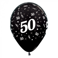 50th Birthday Metallic Black/6 Pack Latex Balloons