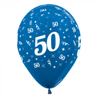 50th Birthday Metallic Blue/6 Pack Latex Balloons