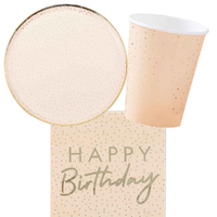 Peach & Gold Happy Birthday Ditsy Dot Foiled 8 Guest Tableware Party Pack
