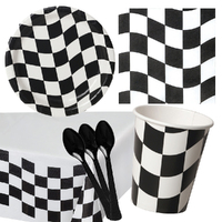 Car Racing Black & White Checkered 8 Guest Deluxe Tableware Party Pack