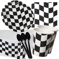 Car Racing Black & White Checkered 16 Guest Large Deluxe Tableware Party Pack