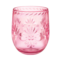 Boho Vibes Pink Floral Stemless Plastic Wine Glass Debossed Finish x1