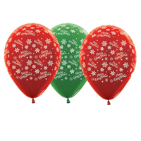 Merry Christmas Snowflakes Metallic Green & Red Latex Balloons 3 Pack