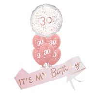 30th Birthday Rose Gold Balloon & Sash Party Pack