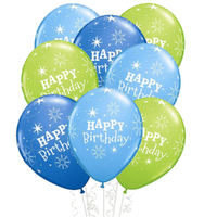 Happy Birthday Stars Design Blue, Dark Blue & Green Latex Balloons 8 Pack