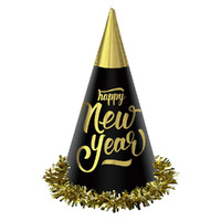 NYE Happy New Year Black & Gold Foil Cone Hats 24 Pack