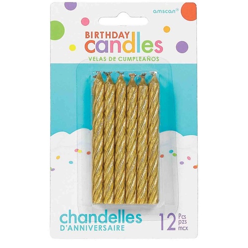 Large Spiral Glitter Gold Birthday Candles 12 Pack