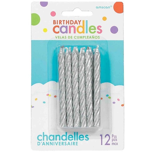 Large Spiral Glitter Silver Birthday Candles 12 Pack