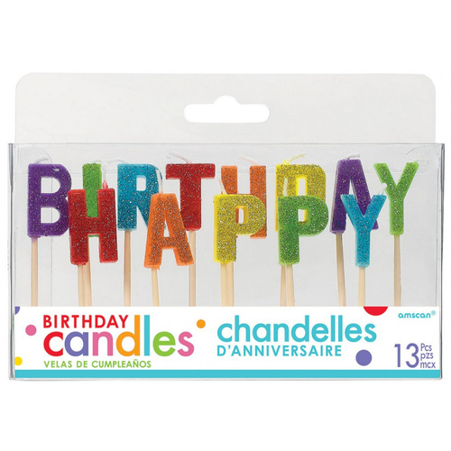 Happy Birthday Pick Candles Primary Glitter Rainbow 13 Pack