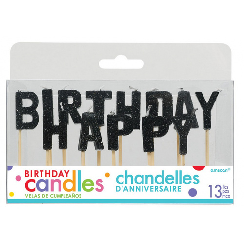 Happy Birthday Pick Candles Glitter Black 13 Pack